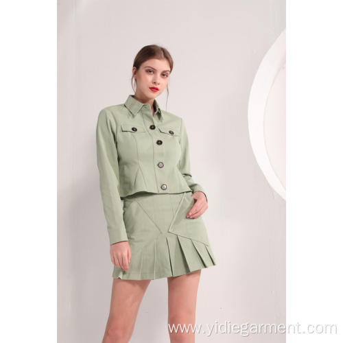 Ladies' Two Piece Sets Women's Olive Green Jacket and Pleated Mini Skirt Factory